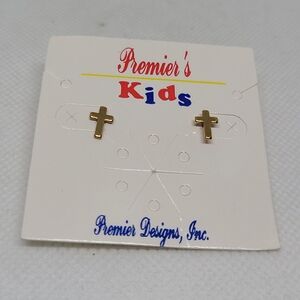 Premier Designs kids Earrings Gold Tone Cross 1/4" Tall New